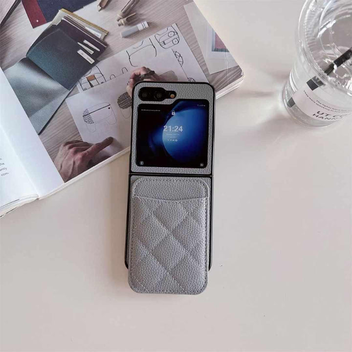 FRATO Flip 6 Collection Grey Samsung Galaxy Z Flip 6 Magsafe Case Luxury CC Leather Magnetic Wireless Charging Card Wallet Case