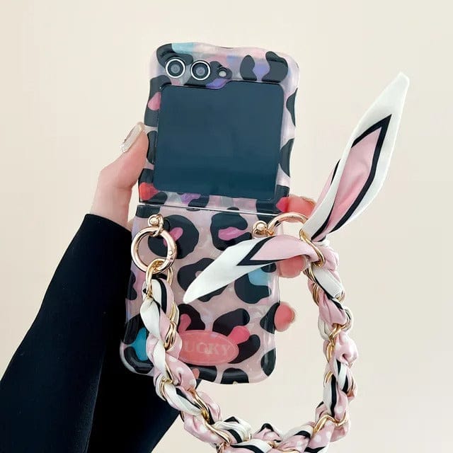FRATO Flip 6 Collection Leopard Peral View Design Samsung Galaxy Z Flip 6 Fashion Colorful Leopard Print Phone Case With Wrist Strap