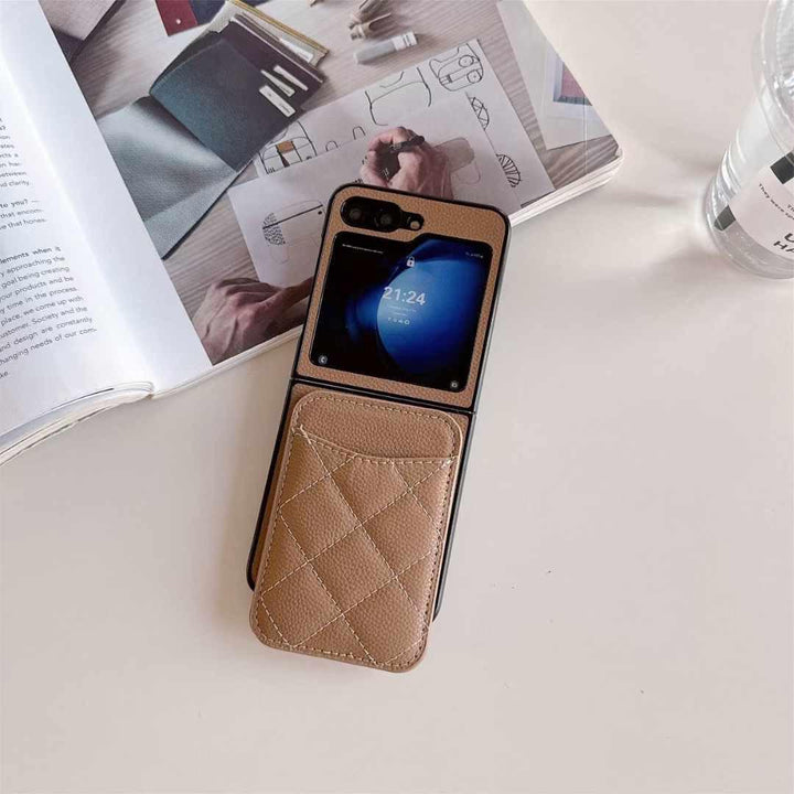 FRATO Flip 6 Collection Light Brown Samsung Galaxy Z Flip 6 Magsafe Case Luxury CC Leather Magnetic Wireless Charging Card Wallet Case