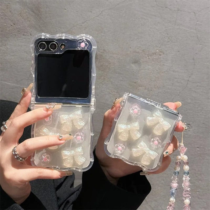 FRATO Flip 6 Collection Samsung Galaxy Z Flip 6 Crystal Bow Flower With Pearl Strap Holder