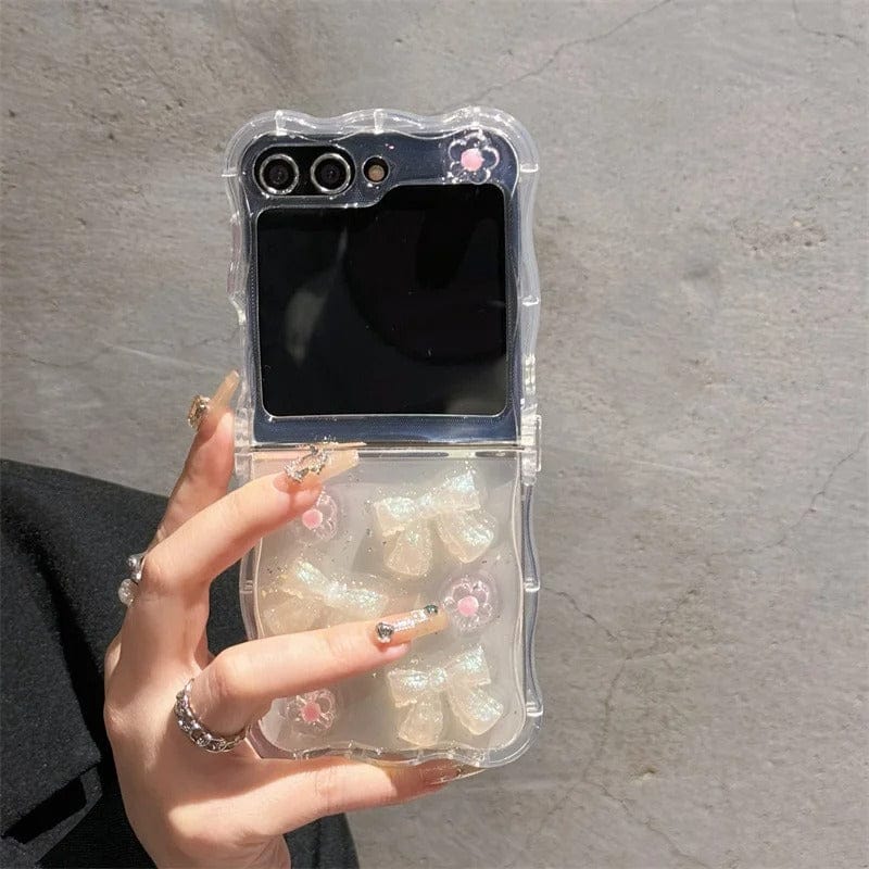 FRATO Flip 6 Collection Samsung Galaxy Z Flip 6 Crystal Bow Flower With Pearl Strap Holder