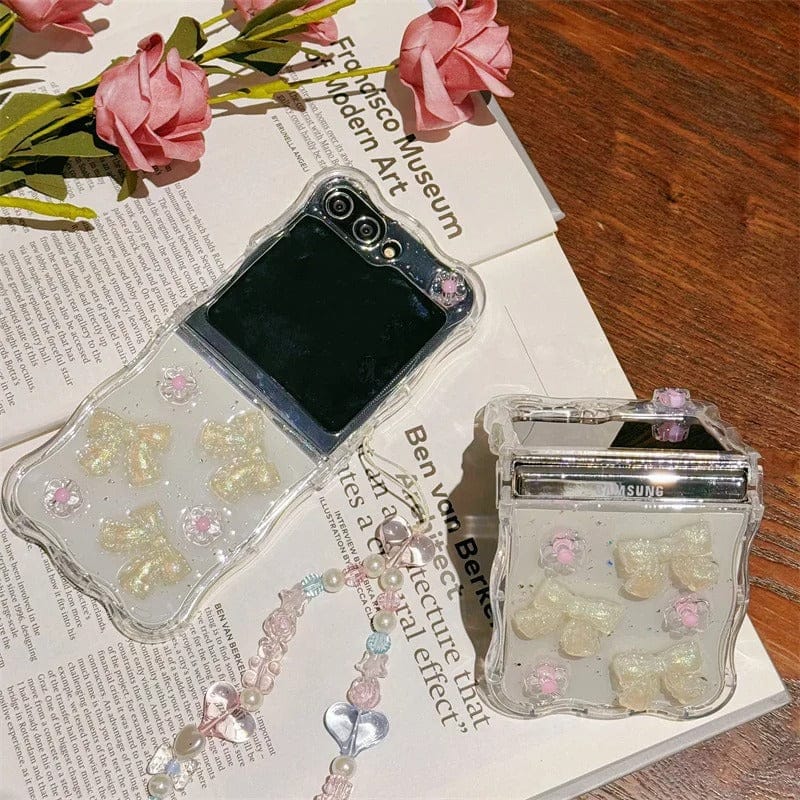 FRATO Flip 6 Collection Samsung Galaxy Z Flip 6 Crystal Bow Flower With Pearl Strap Holder