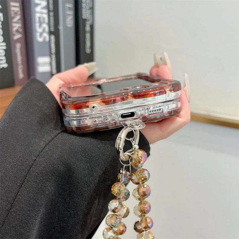 FRATO Flip 6 Collection Samsung Galaxy Z Flip 6 Leopard Print Case With Crystal Beaded Holder