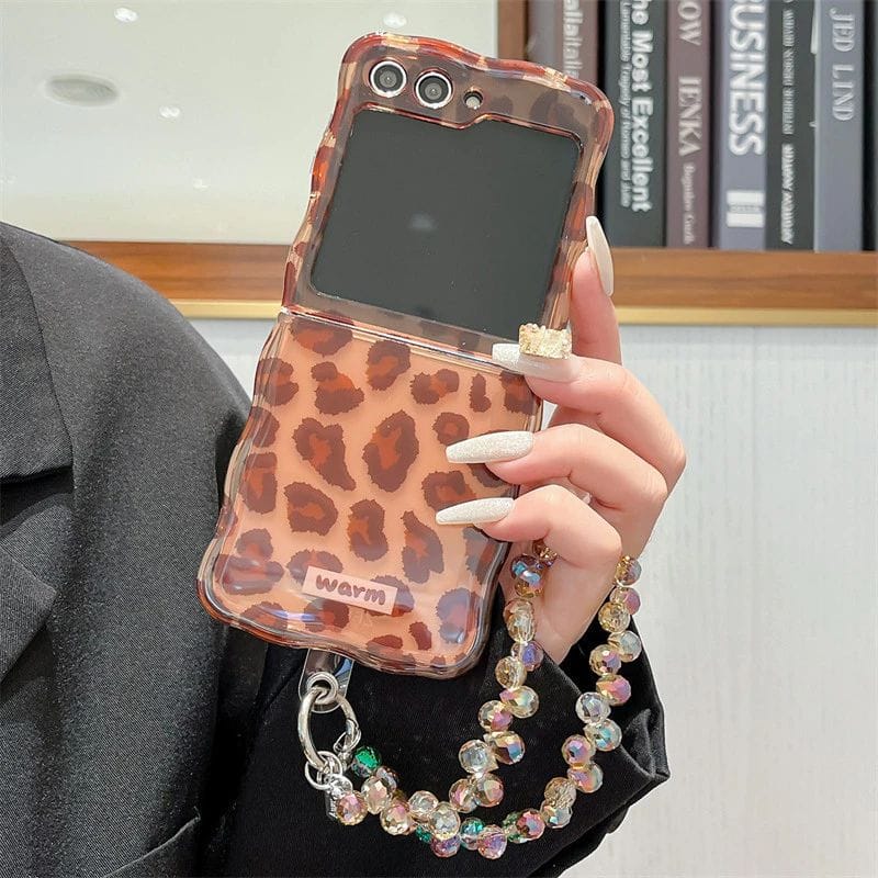 FRATO Flip 6 Collection Samsung Galaxy Z Flip 6 Leopard Print Case With Crystal Beaded Holder