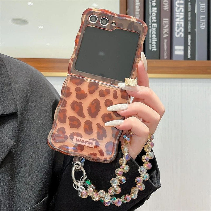 FRATO Flip 6 Collection Samsung Galaxy Z Flip 6 Leopard Print Case With Crystal Beaded Holder