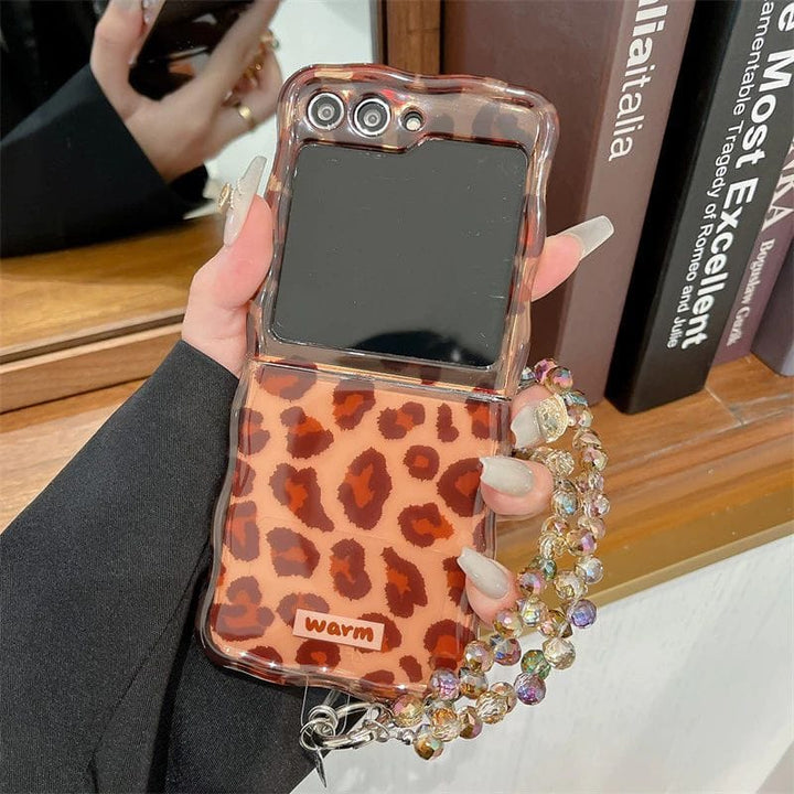 FRATO Flip 6 Collection Samsung Galaxy Z Flip 6 Leopard Print Case With Crystal Beaded Holder