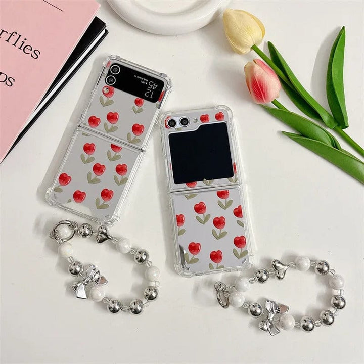 FRATO Flip 6 Collection Samsung Galaxy Z Flip 6 Red Floral Tulip Mirror Case With Pearl Holder