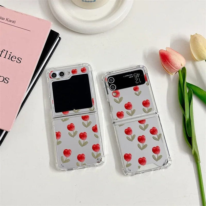 FRATO Flip 6 Collection Samsung Galaxy Z Flip 6 Red Floral Tulip Mirror Case With Pearl Holder