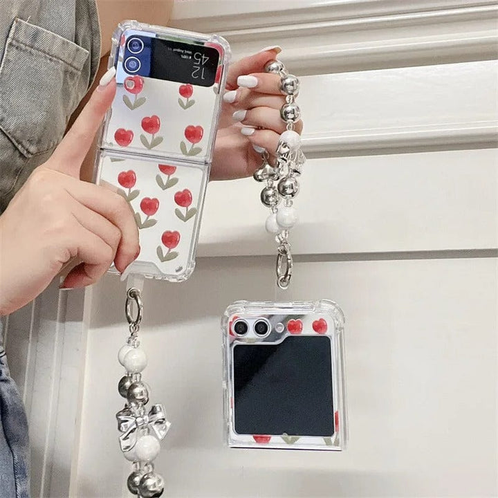 FRATO Flip 6 Collection Samsung Galaxy Z Flip 6 Red Floral Tulip Mirror Case With Pearl Holder