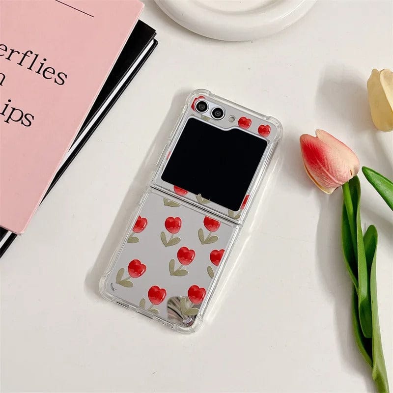 FRATO Flip 6 Collection Samsung Galaxy Z Flip 6 Red Floral Tulip Mirror Case With Pearl Holder
