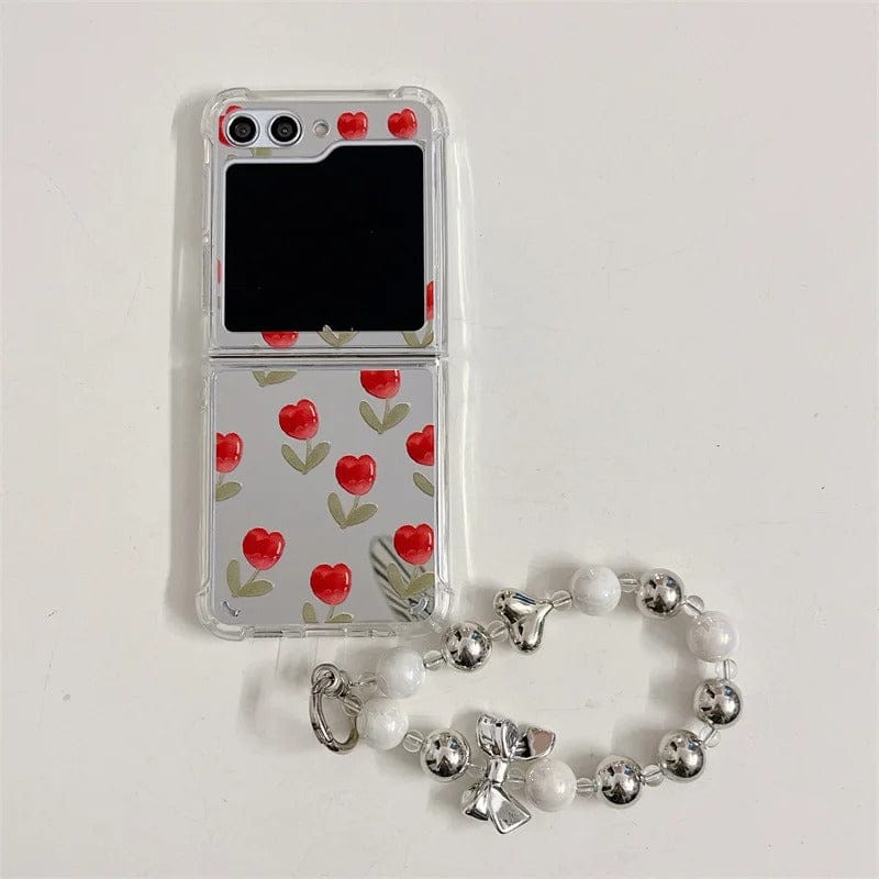FRATO Flip 6 Collection Samsung Galaxy Z Flip 6 Red Floral Tulip Mirror Case With Pearl Holder
