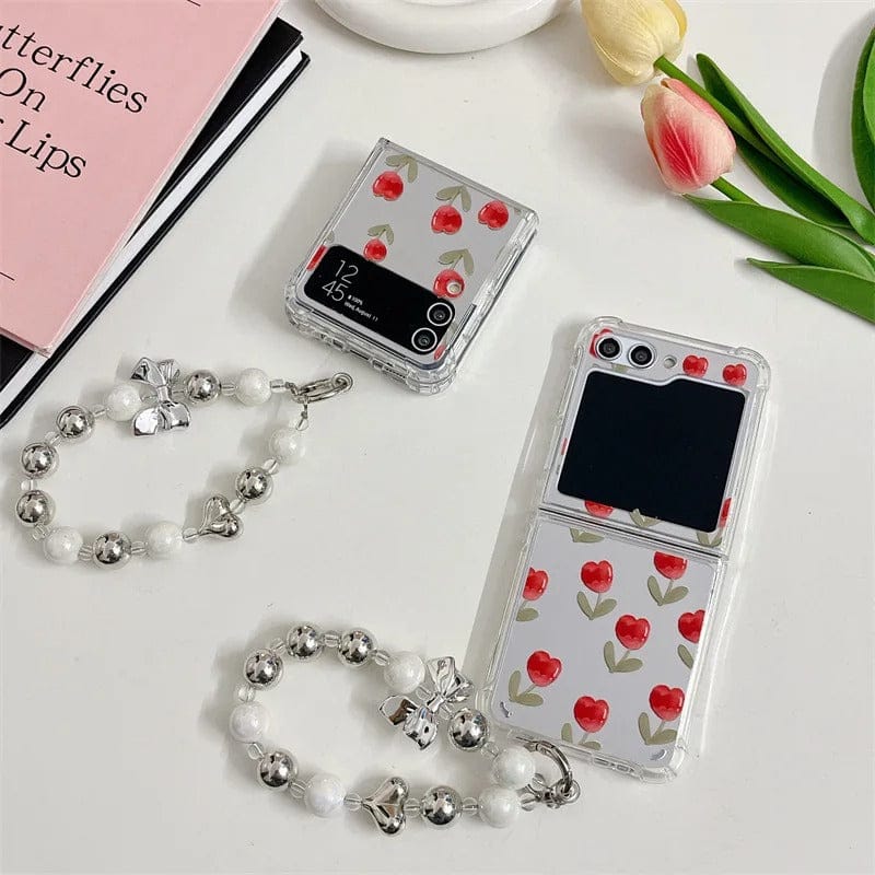 FRATO Flip 6 Collection Samsung Galaxy Z Flip 6 Red Floral Tulip Mirror Case With Pearl Holder