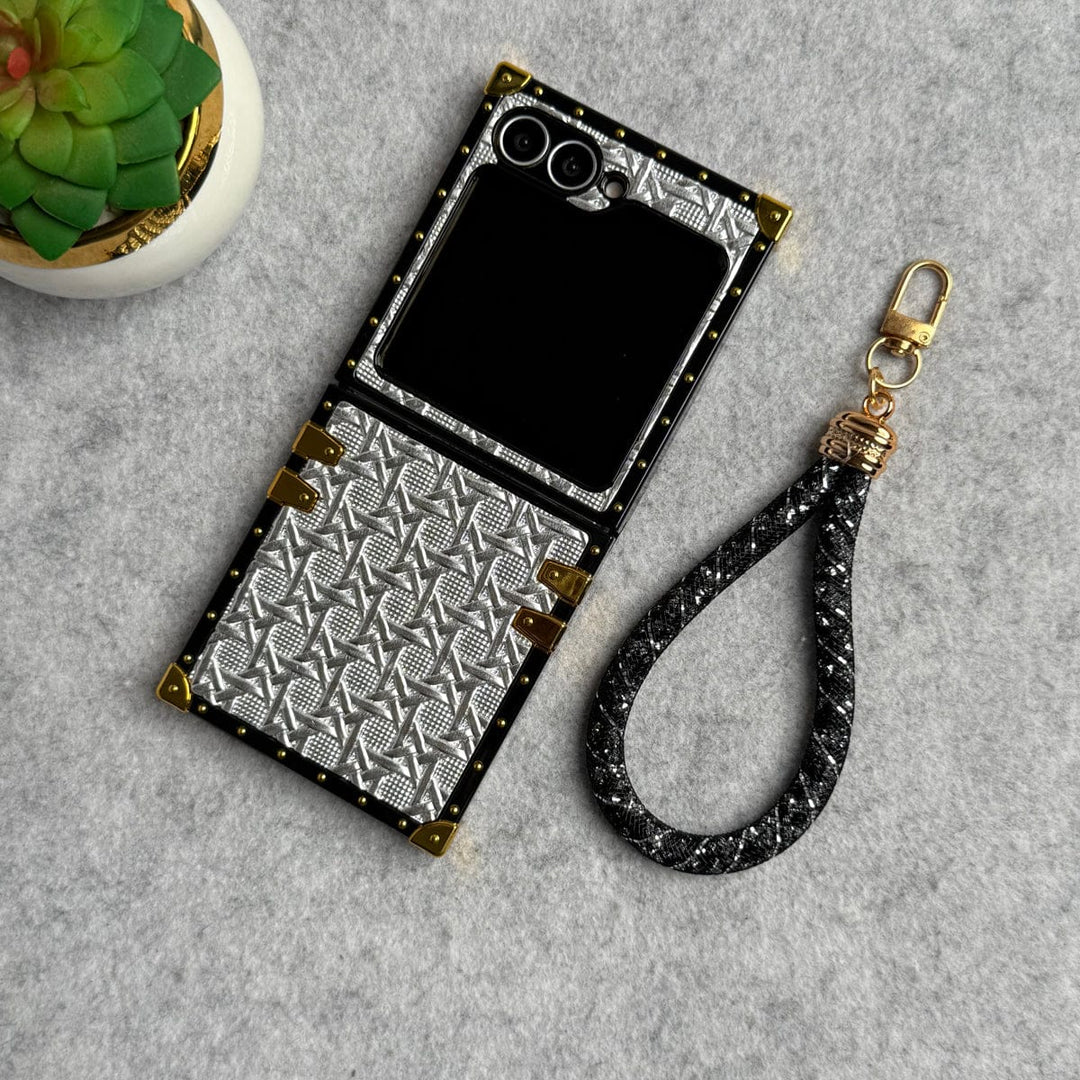 FRATO Flip 6 Collection Silver Samsung Galaxy Z Flip 6 Pattern Trunk Case Cover With Wrist Holder