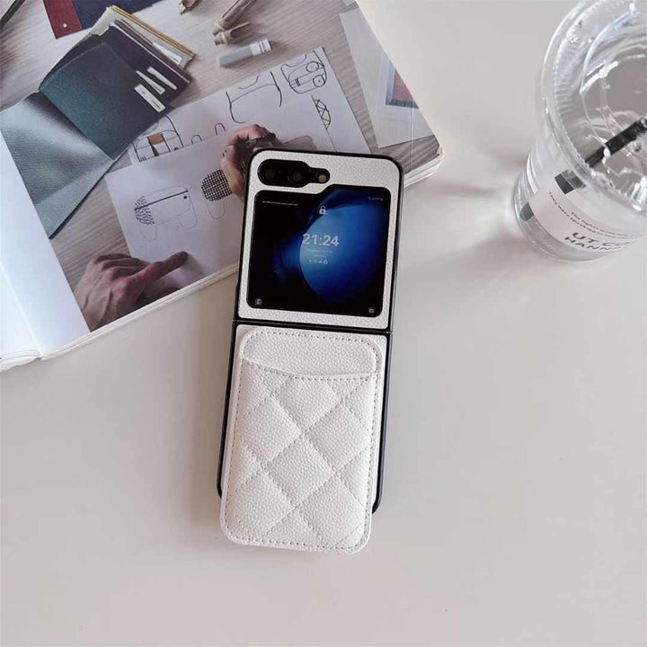 FRATO Flip 6 Collection White Samsung Galaxy Z Flip 6 Magsafe Case Luxury CC Leather Magnetic Wireless Charging Card Wallet Case