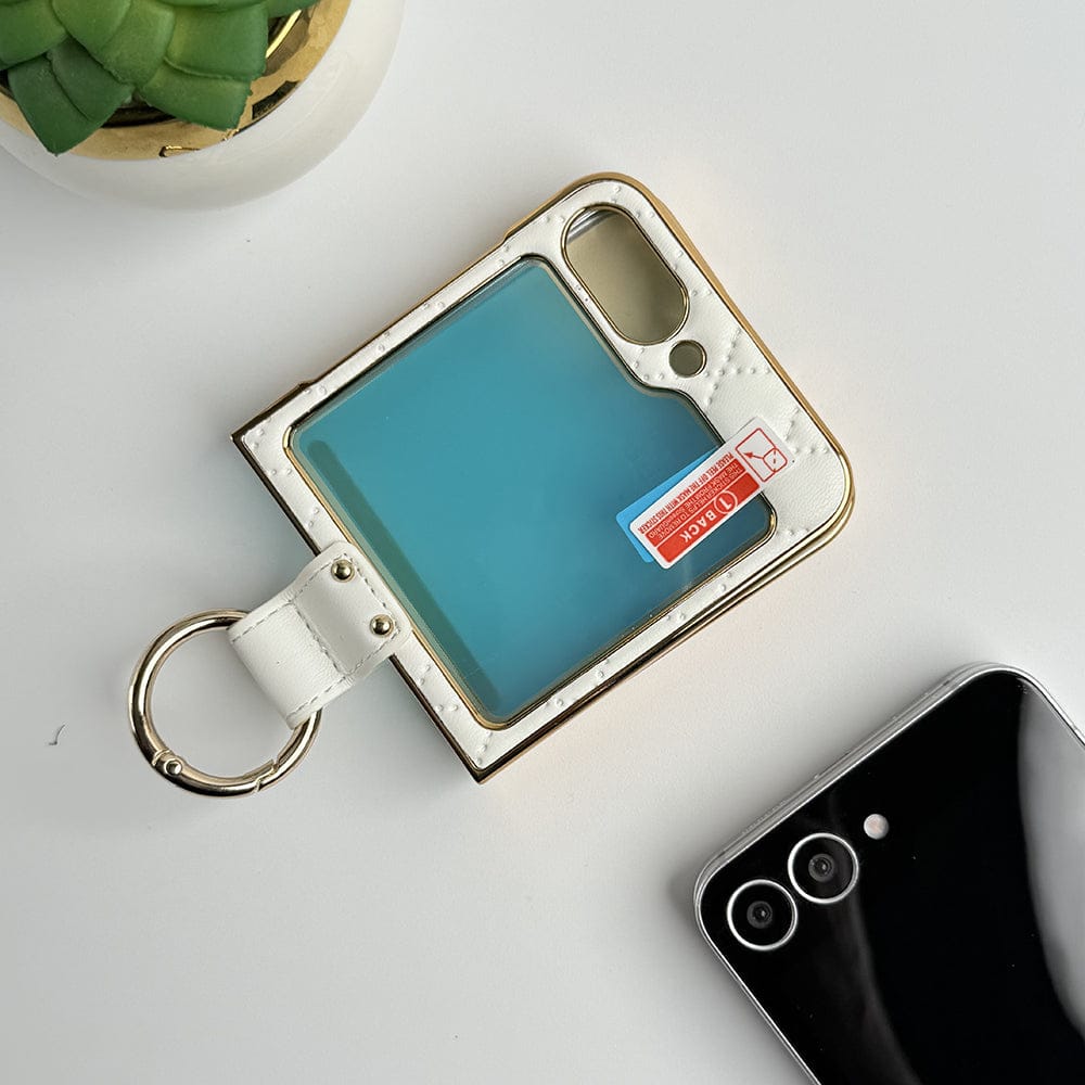 FRATO Flip 6 Collection White Samsung Galaxy Z Flip 6 PU Leather Puff Design Front Glass Case With Sling