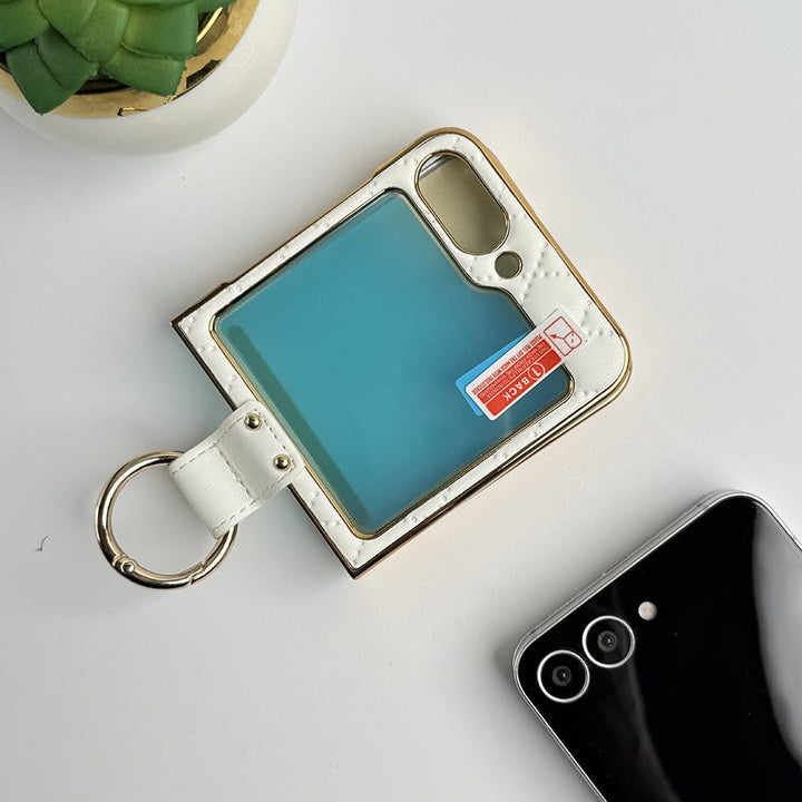 FRATO Flip 6 Collection White Samsung Galaxy Z Flip 6 PU Leather Puff Design Front Glass Case With Sling