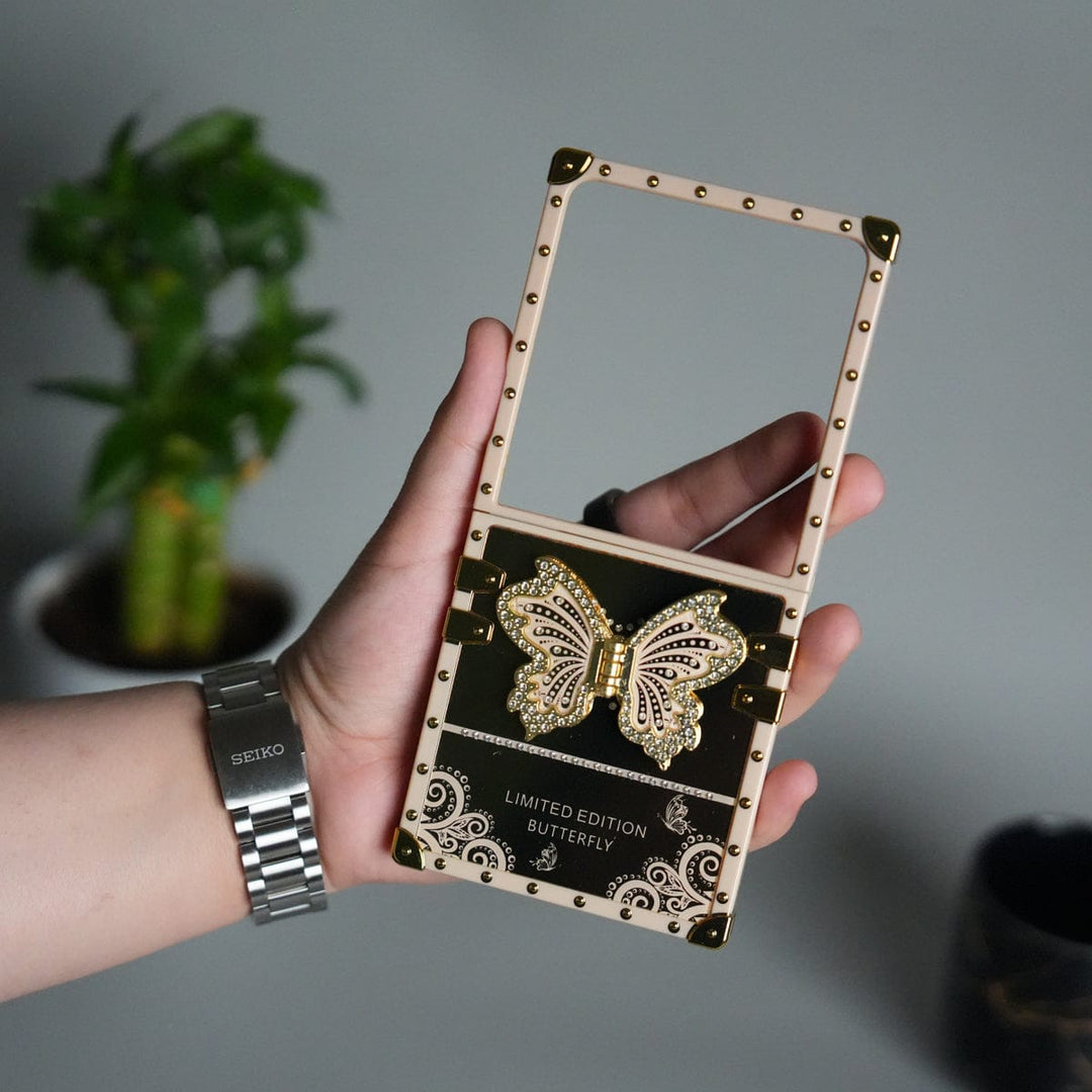 FRATO Flip 7 Collections Beige Galaxy Z Flip 7 Luxury Butterfly Case | Trunk Frame Cover with 3D Butterfly | Premium Limited Edition Design