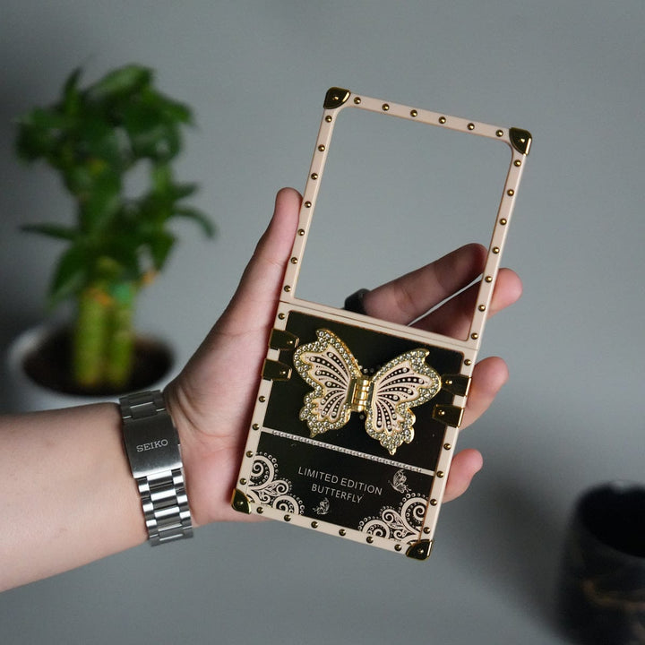 FRATO Flip 7 Collections Beige Galaxy Z Flip 7 Luxury Butterfly Case | Trunk Frame Cover with 3D Butterfly | Premium Limited Edition Design