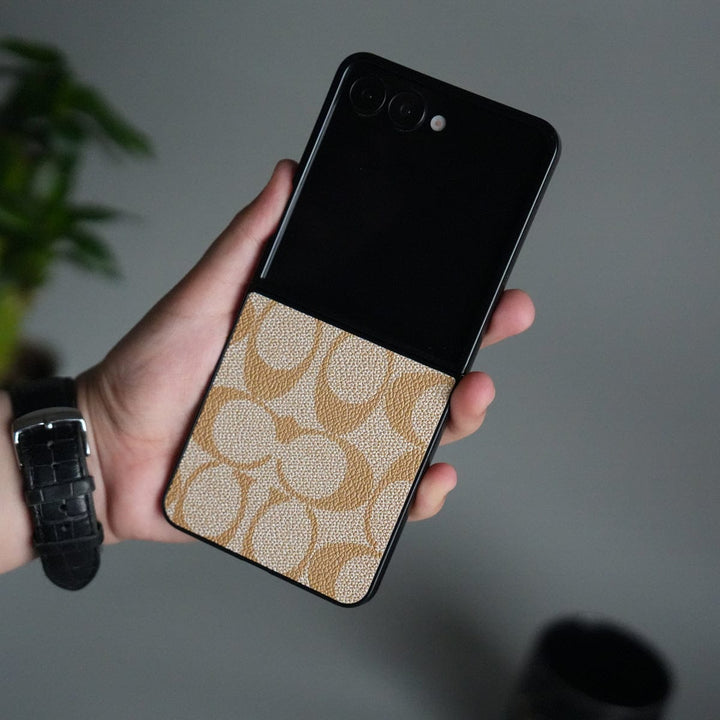 FRATO Flip 7 Collections Beige Galaxy Z Flip 7 Luxury Leather CC Pattern Case | Slim Designer Back Cover