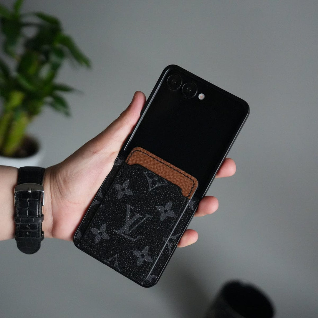 FRATO Flip 7 Collections Black Galaxy Z Flip 7 Luxury Brand Leather Card Holder Case | Slim Wallet Back Cover