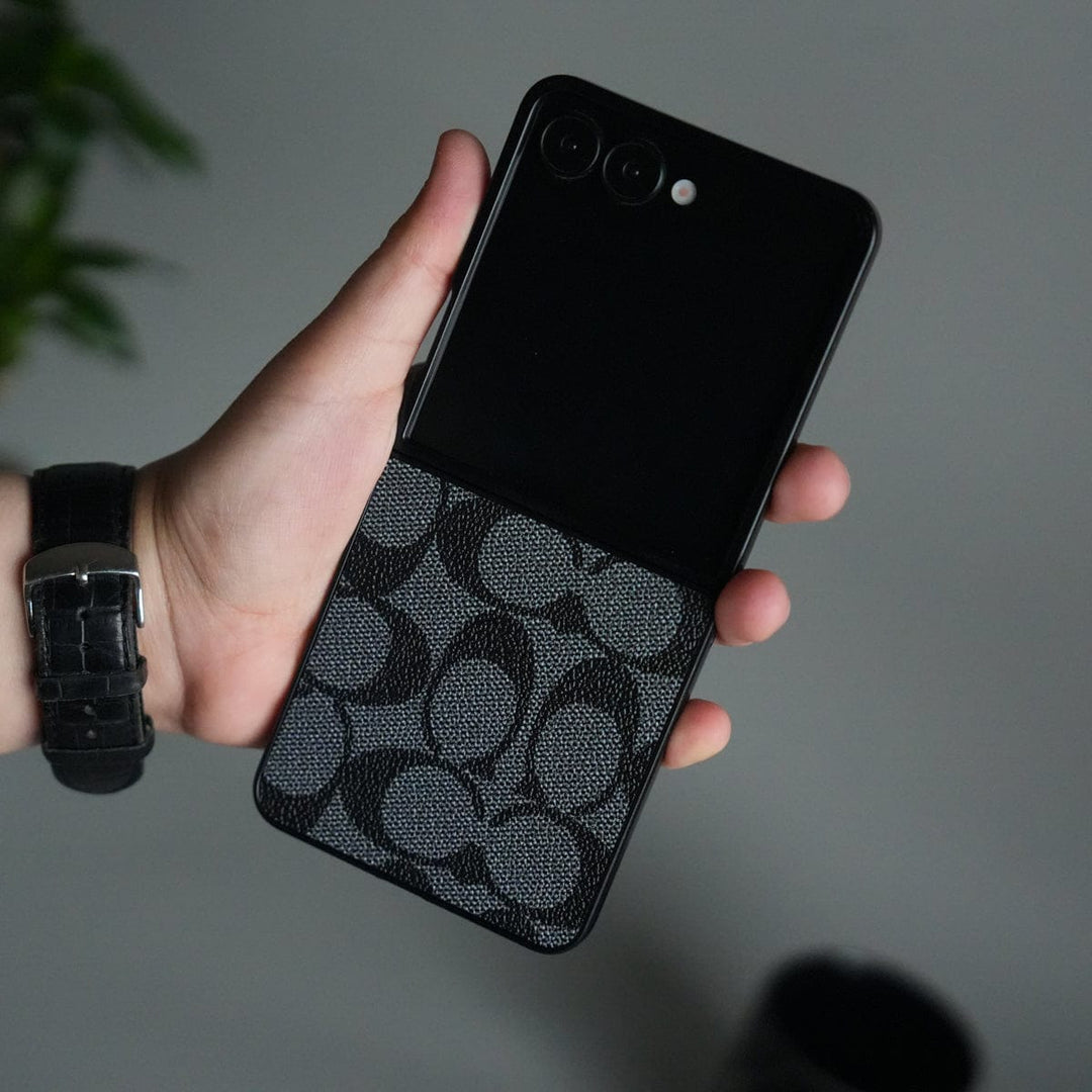FRATO Flip 7 Collections Black Galaxy Z Flip 7 Luxury Leather CC Pattern Case | Slim Designer Back Cover