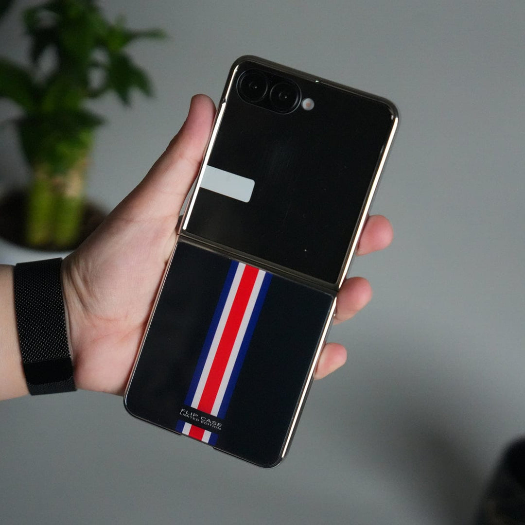 FRATO Flip 7 Collections Black Galaxy Z Flip 7 Luxury Stripe Glass Case | Chrome Plated Clear Back Cover with Glossy Finish