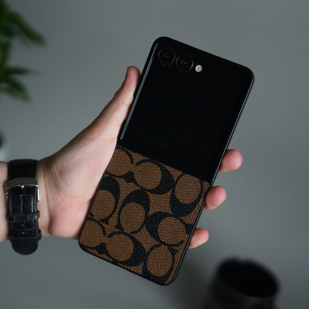 FRATO Flip 7 Collections Brown Galaxy Z Flip 7 Luxury Leather CC Pattern Case | Slim Designer Back Cover