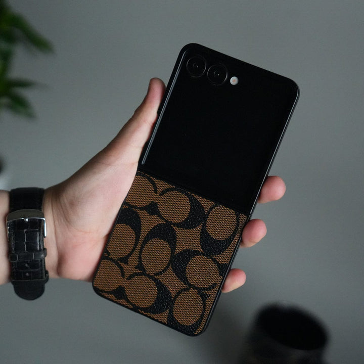 FRATO Flip 7 Collections Brown Galaxy Z Flip 7 Luxury Leather CC Pattern Case | Slim Designer Back Cover