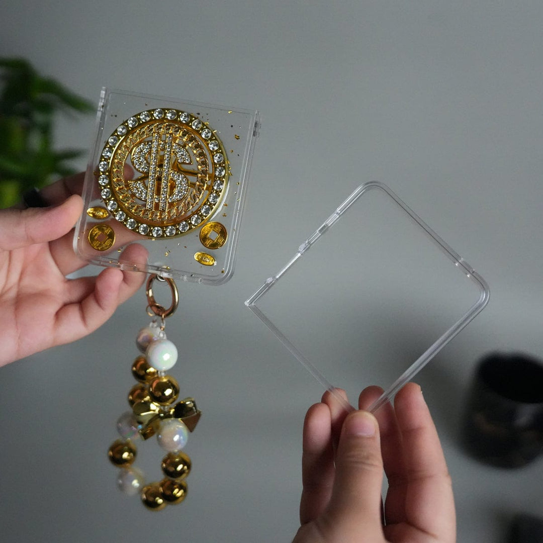 FRATO Flip 7 Collections Galaxy Z Flip 7 Luxury Spinning Dollar Bling Case | Crystal Clear Cover with Pearl Strap