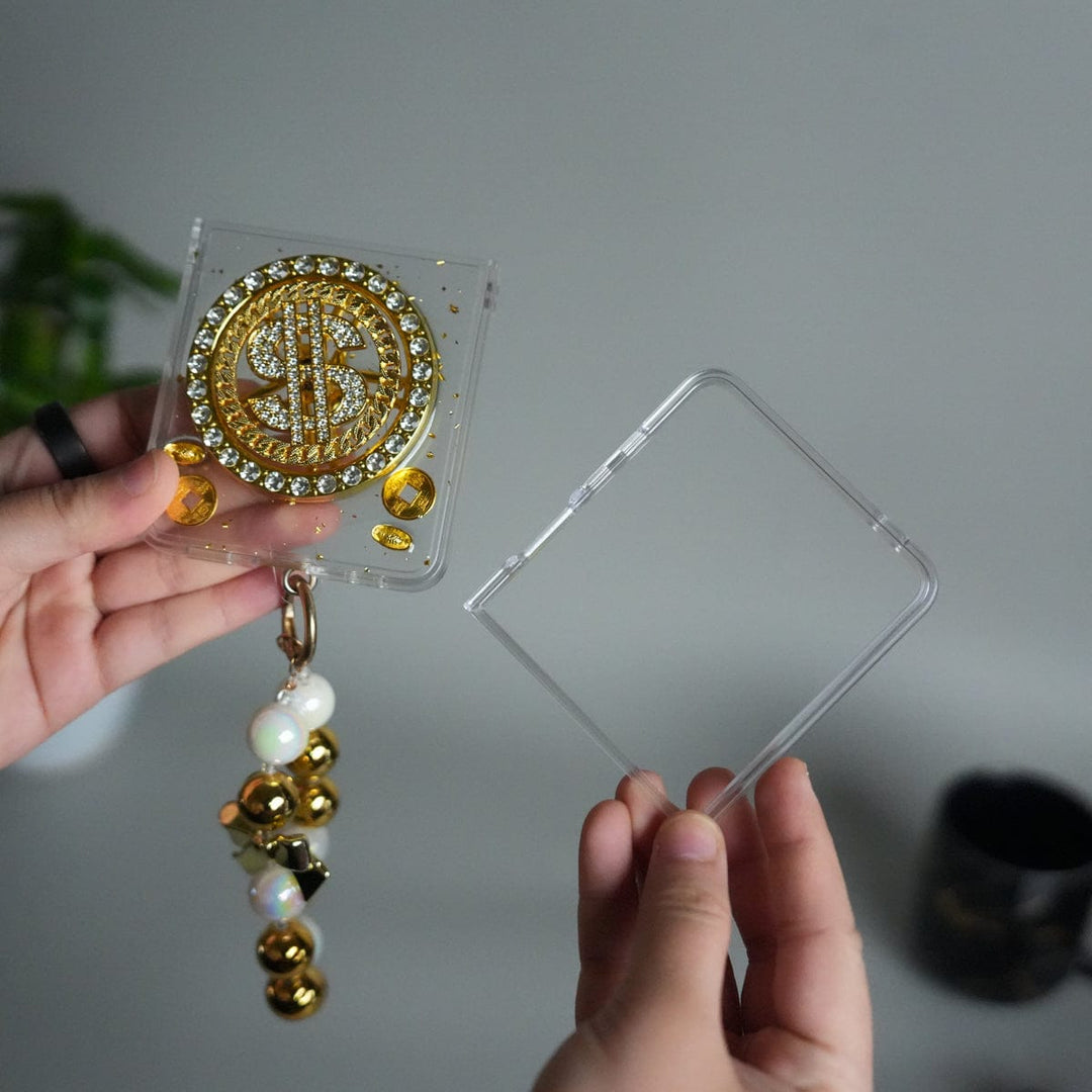 FRATO Flip 7 Collections Galaxy Z Flip 7 Luxury Spinning Dollar Bling Case | Crystal Clear Cover with Pearl Strap