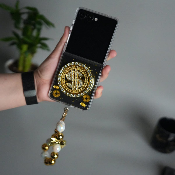 FRATO Flip 7 Collections Galaxy Z Flip 7 Luxury Spinning Dollar Bling Case | Crystal Clear Cover with Pearl Strap