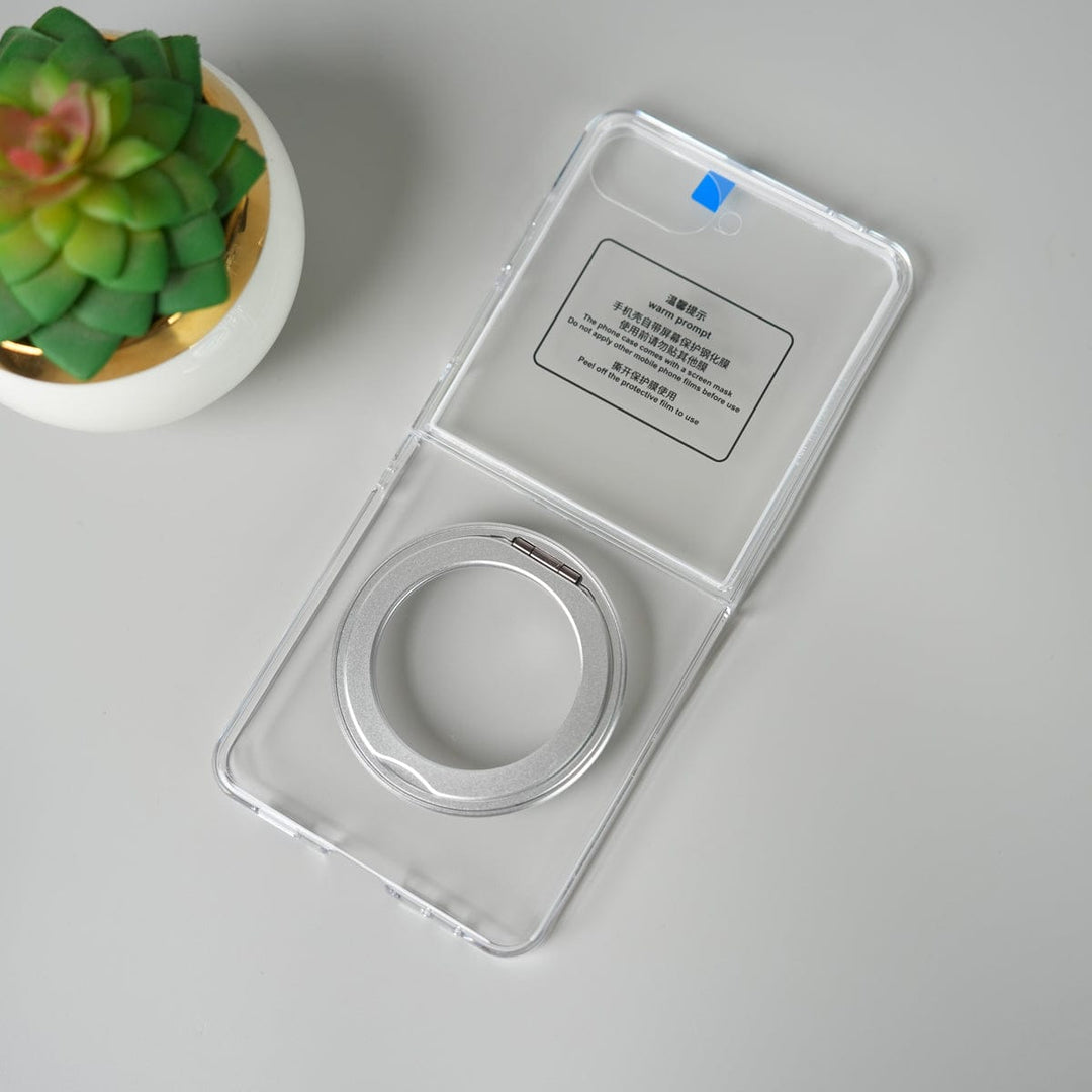 FRATO Flip 7 Collections Silver Samsung Galaxy Z Flip 7 Crystal Clear Case with 360° Rotating Stand &amp; Front Glass Protection
