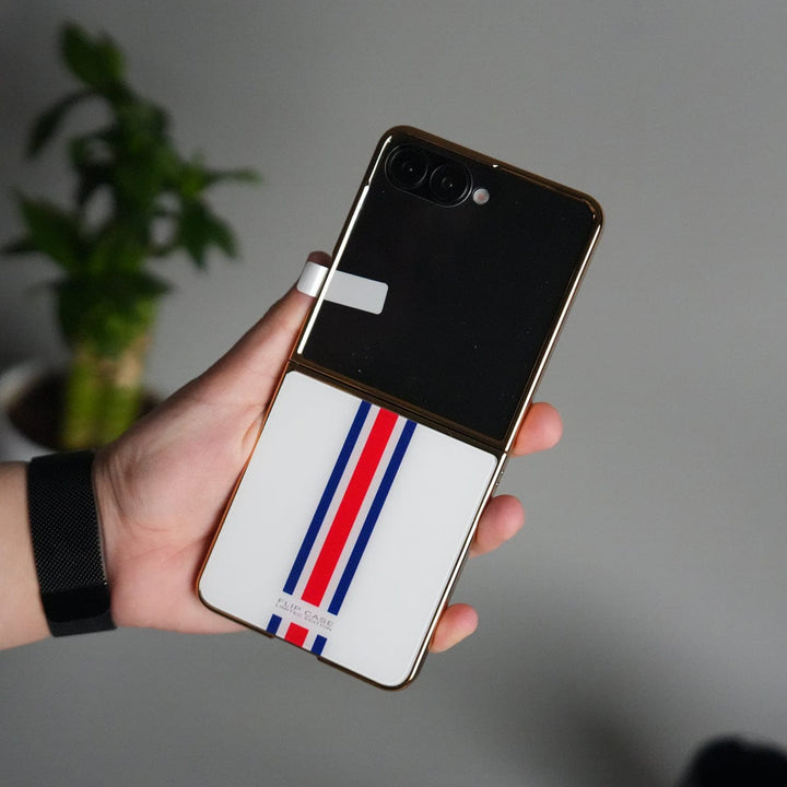 FRATO Flip 7 Collections White Galaxy Z Flip 7 Luxury Stripe Glass Case | Chrome Plated Clear Back Cover with Glossy Finish