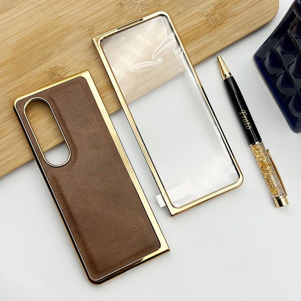 FRATO Fold 3 Collection Brown Samsung Galaxy Z Fold 3 PU Leather Chrome Plated With Front Screen Protector Case Cover