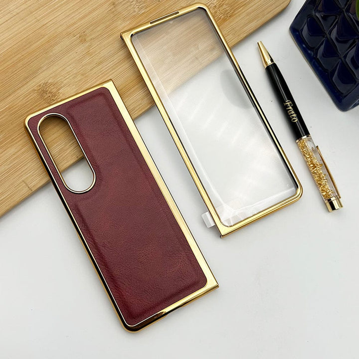FRATO Fold 3 Collection Maroon Samsung Galaxy Z Fold 3 PU Leather Chrome Plated With Front Screen Protector Case Cover