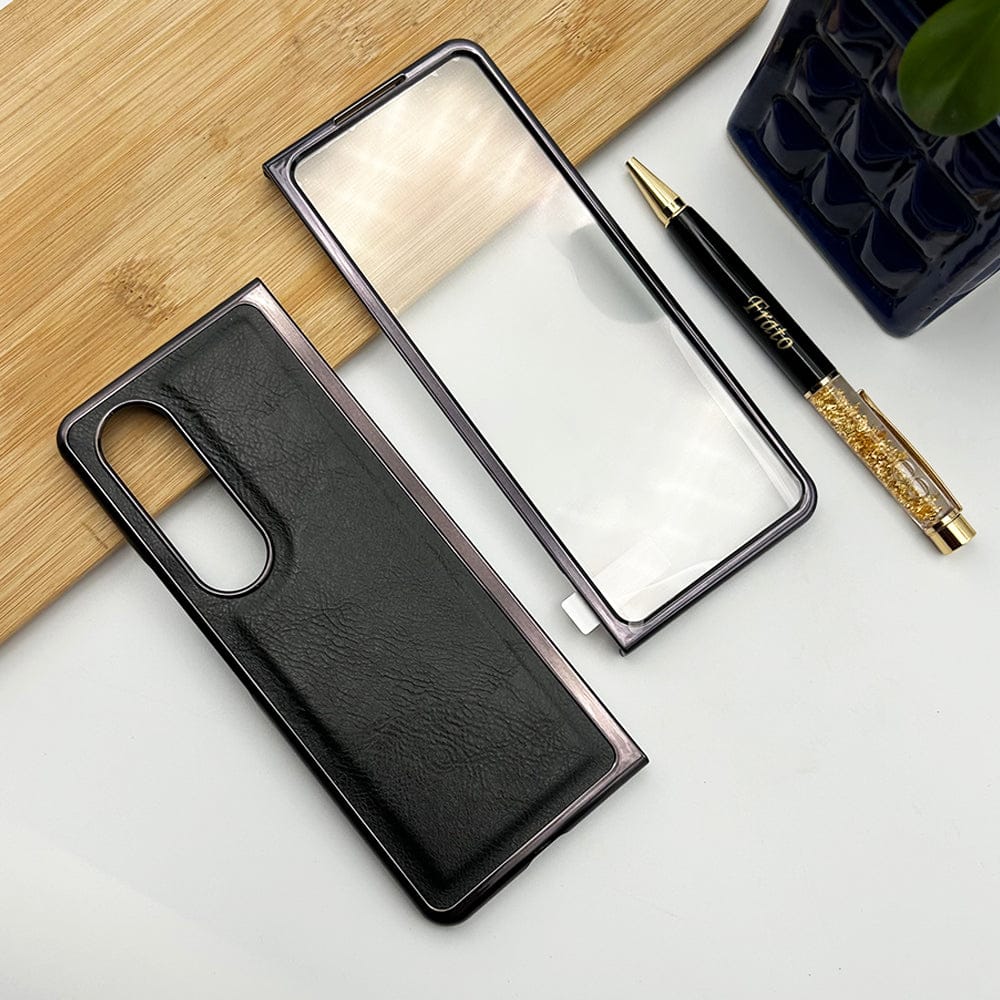 FRATO Fold 3 Collection Samsung Galaxy Z Fold 3 PU Leather Chrome Plated With Front Screen Protector Case Cover