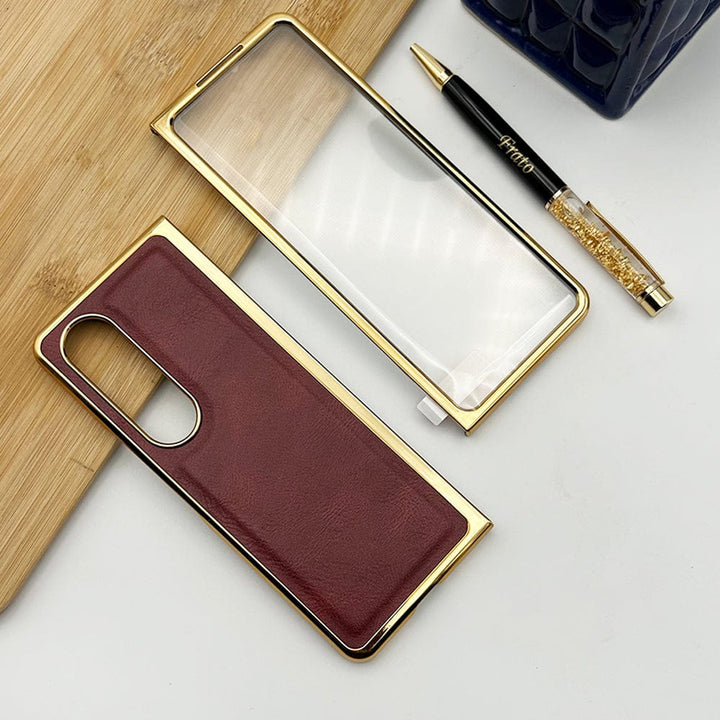 FRATO Fold 3 Collection Samsung Galaxy Z Fold 3 PU Leather Chrome Plated With Front Screen Protector Case Cover