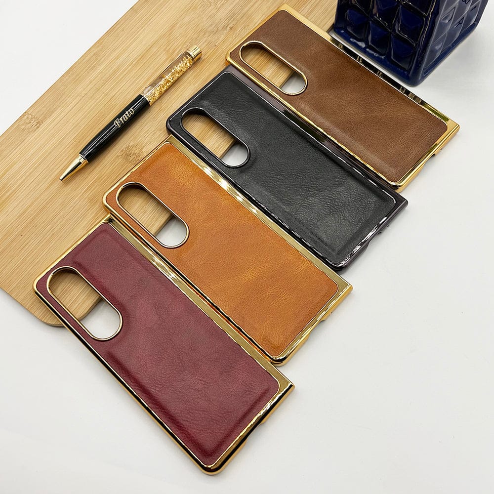 FRATO Fold 3 Collection Samsung Galaxy Z Fold 3 PU Leather Chrome Plated With Front Screen Protector Case Cover