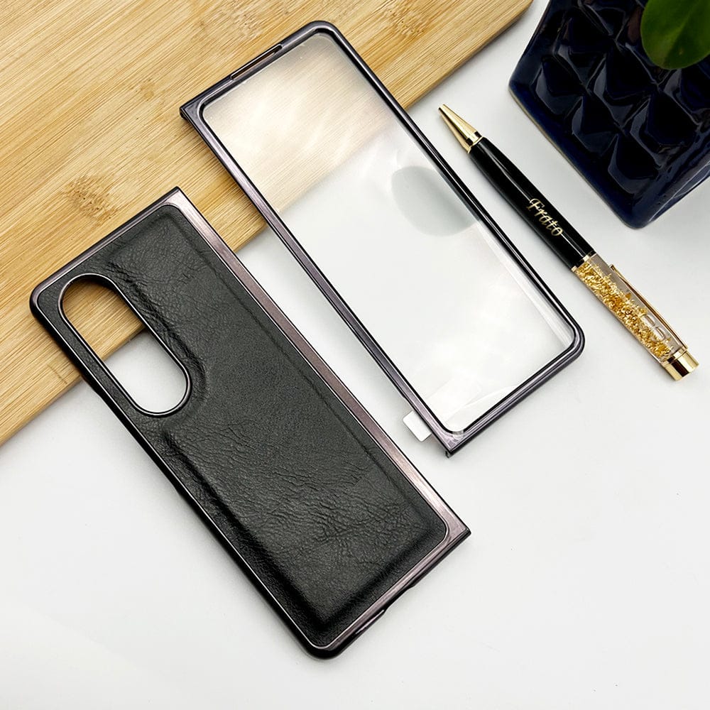 FRATO Fold 4 Collections Black Samsung Z Fold 4 PU Leather Chrome Plated With Front Screen Protector Case Cover
