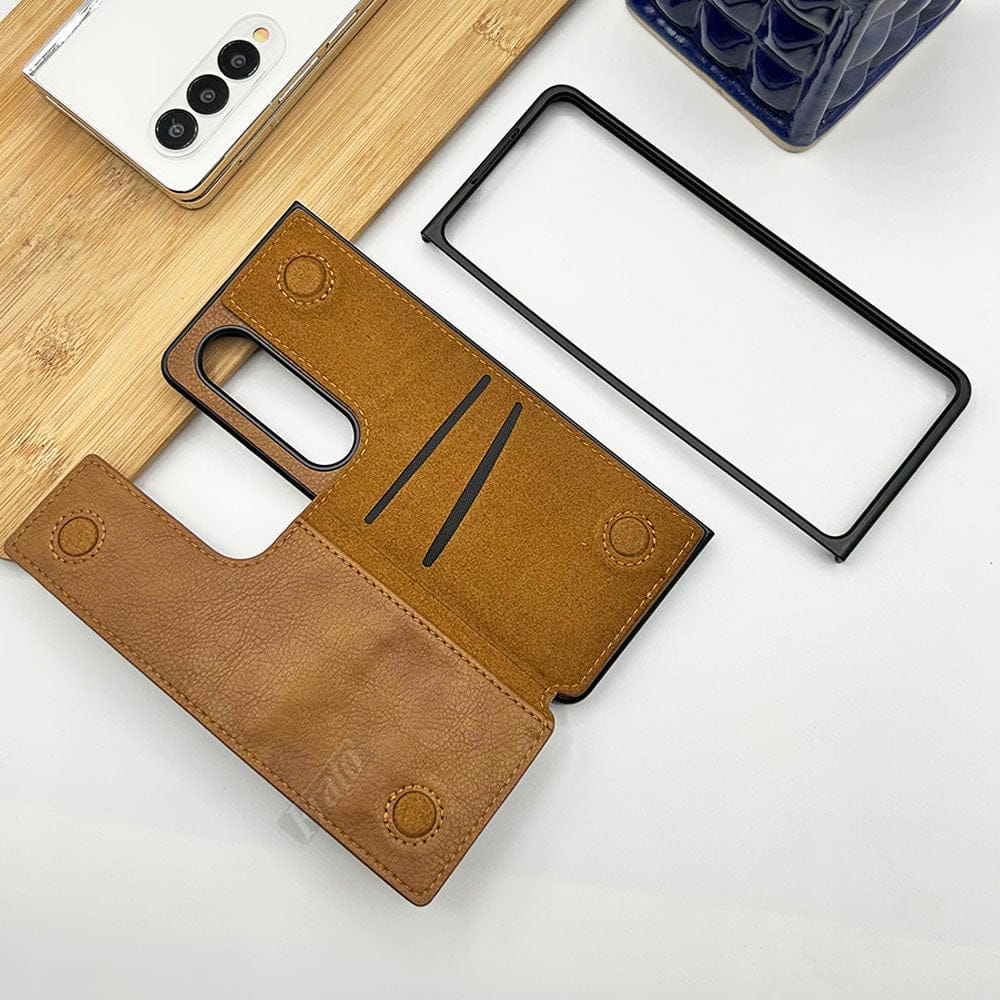 FRATO Fold 4 Collections Brown Samsung Galaxy Z Fold 4 Leather Case With Back Side Protective Card Holder Slot