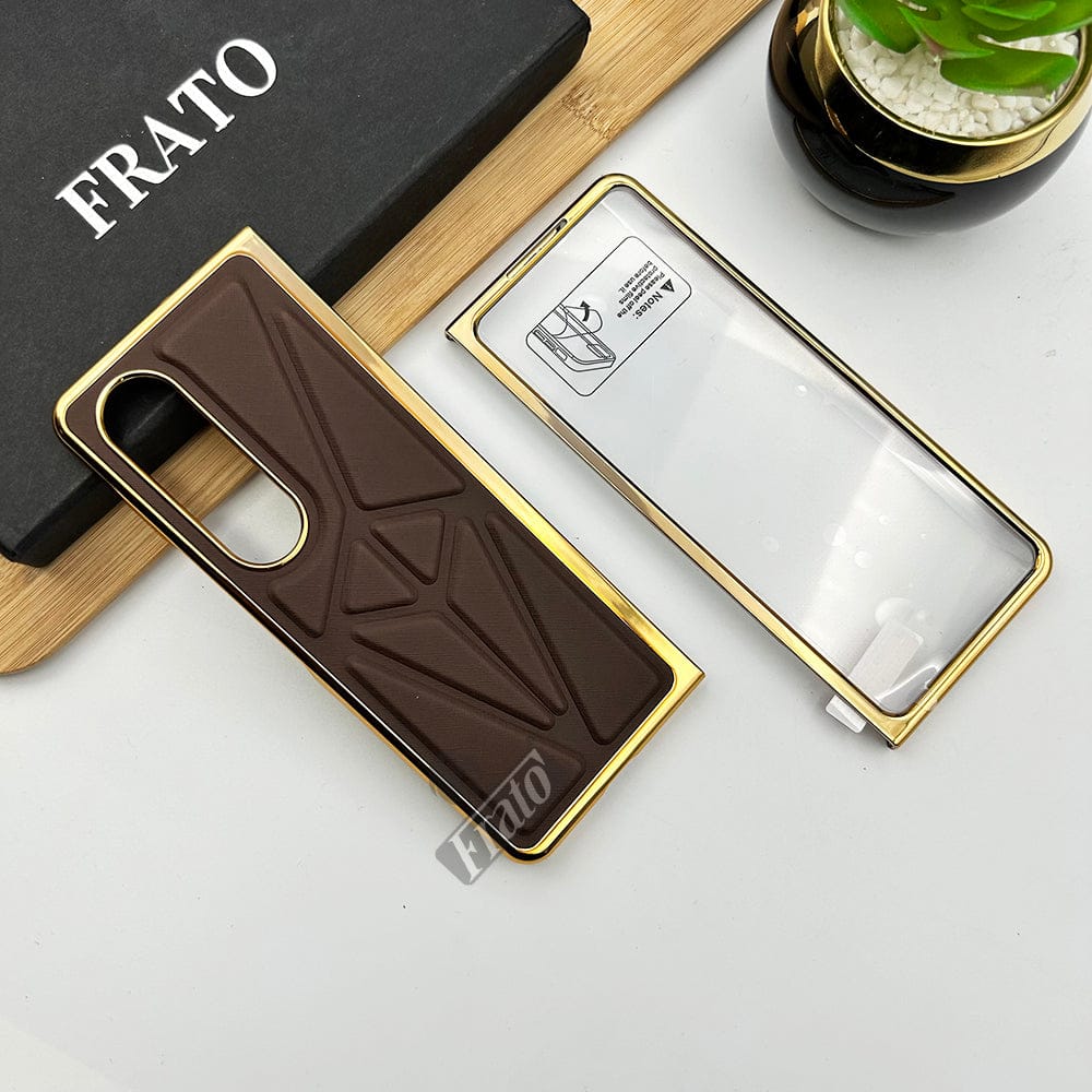 FRATO Fold 4 Collections Dark Brown Samsung Galaxy Z Fold 4 Chrome Plated Geometric Pattern Leather Design Case Cover