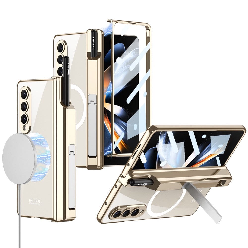 FRATO Fold 4 Collections Gold Samsung Galaxy Z Fold 4 Transparent Electroplating Magnetic Hinge Front Glass Protective Cover