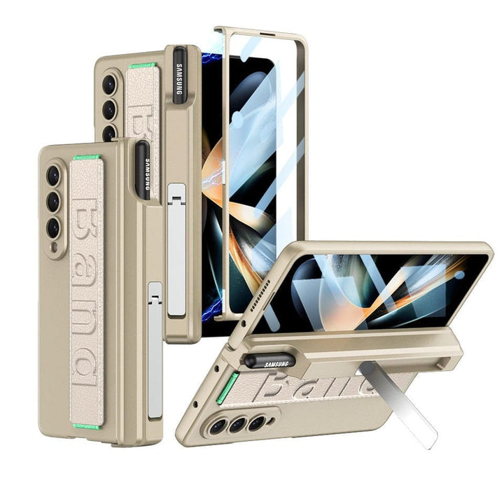 FRATO Fold 4 Collections Golden Samsung Z Fold 4 Case With Wrist Strap And Pen Holder