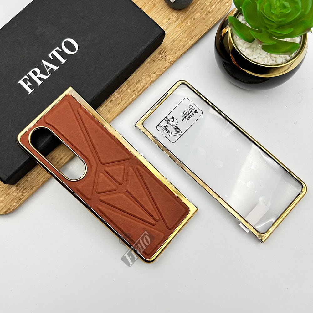 FRATO Fold 4 Collections Light Brown Samsung Galaxy Z Fold 4 Chrome Plated Geometric Pattern Leather Design Case Cover