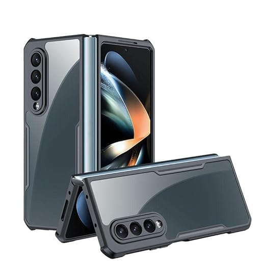 FRATO Fold 4 Collections Samsung Galaxy Z Fold 4 Airbags Bumper Transparent Back Front Screen Protector Case Cover(Black)