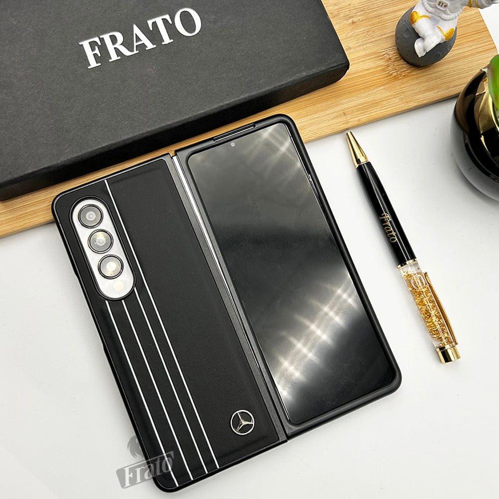 FRATO Fold 4 Collections Samsung Galaxy Z Fold 4 Mercedes Black Leather White lined Case Cover (Black)