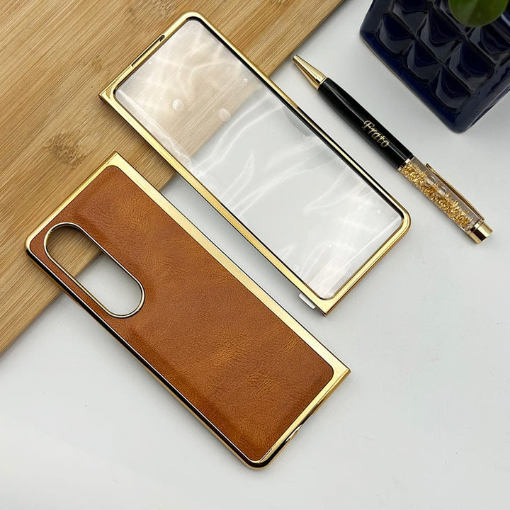 FRATO Fold 4 Collections Tan Brown Samsung Z Fold 4 PU Leather Chrome Plated With Front Screen Protector Case Cover