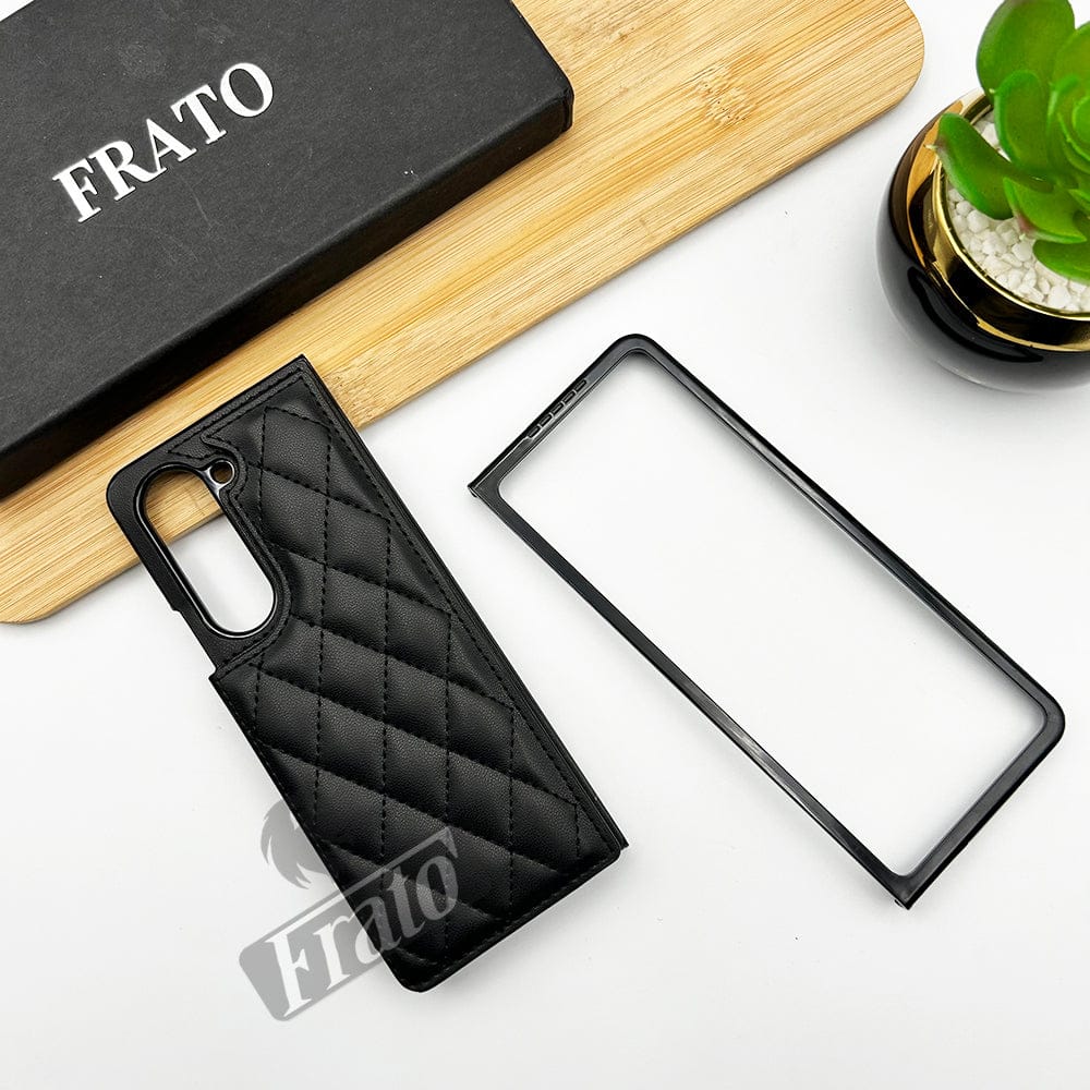 FRATO Fold 5 Collection Black Samsung Galaxy Z Fold 5 Fashion Puffer Leather Stitch Design Card Holder Case Cover