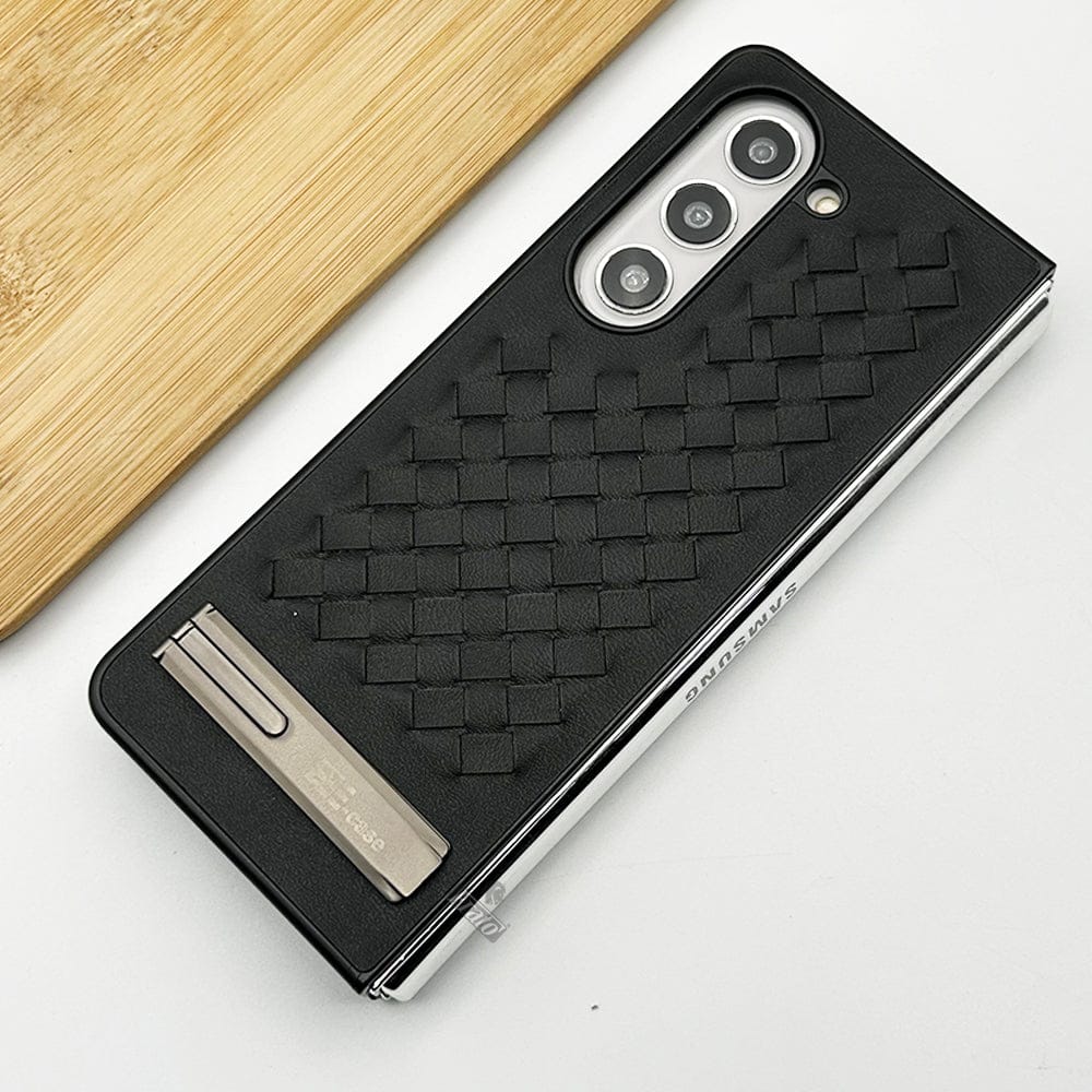 FRATO Fold 5 Collection Black Samsung Galaxy Z Fold 5 PU Leather Checks Grid Pattern Kickstand Case Cover