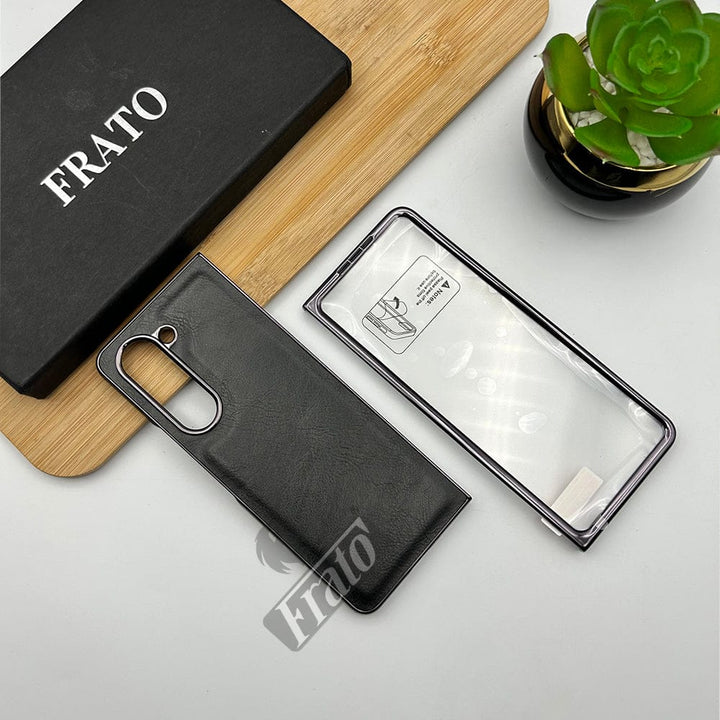 FRATO Fold 5 Collection Black Samsung Galaxy Z Fold 5 PU Leather Chrome Plated With Front Screen Protector Case Cover